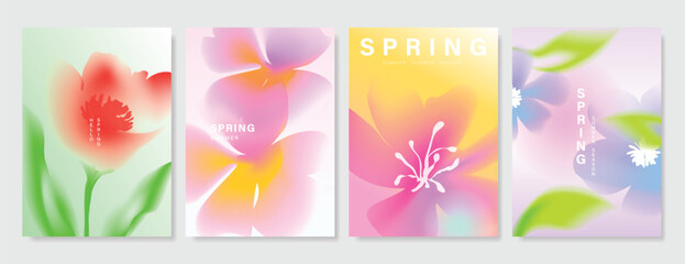 Obraz premium Modern gradient poster background vector set. Minimalist poster summer and spring cover template with green geometric, heart, flower, butterfly. Ideal design for social media, banner, card, ads.