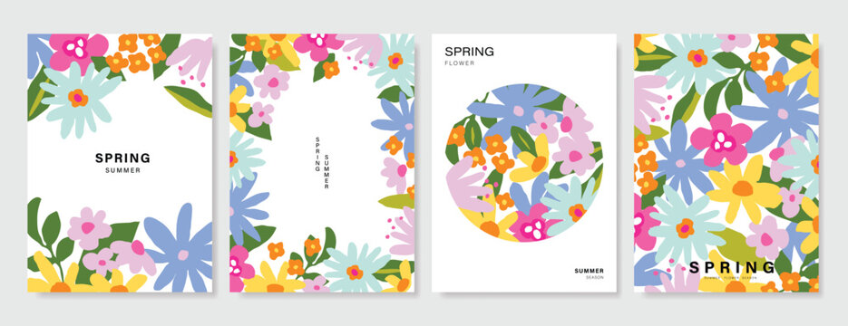 Spring Floral invitation card background vector. Minimal hand drawn botanical flowers template background. Design illustration for wedding, vip cover, poster, rsvp modern card, birthday party.