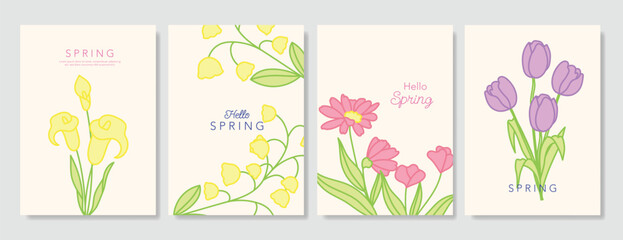 Obraz premium Spring Floral invitation card background vector. Minimal hand drawn botanical flowers template background. Design illustration for wedding, vip cover, poster, rsvp modern card, birthday party.