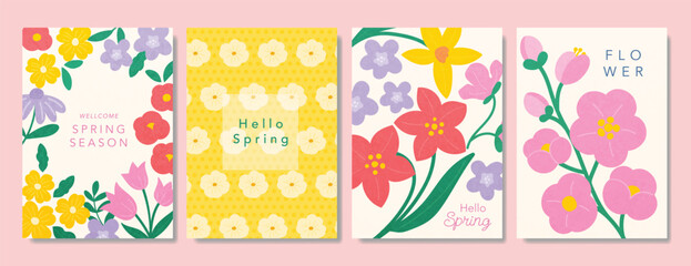 Obraz premium Spring Floral invitation card background vector. Minimal hand drawn botanical flowers template background. Design illustration for wedding, vip cover, poster, rsvp modern card, birthday party.