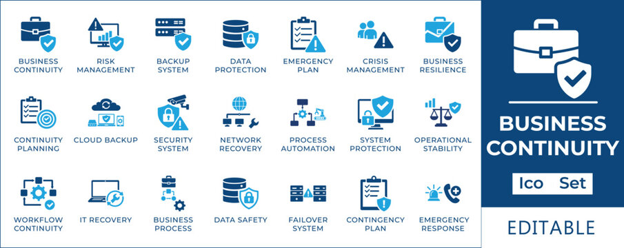 Business continuity and disaster recovery icon set featuring risk management, data protection, emergency planning, crisis management, IT recovery, and system resilience symbols.