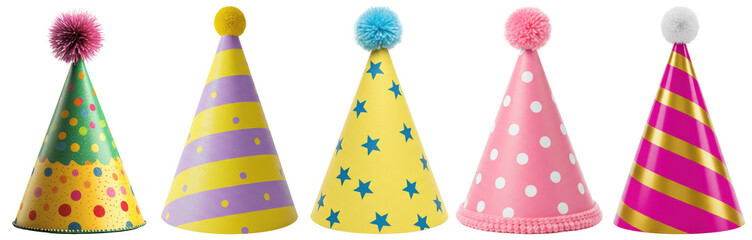 a vibrant collection of polka dot party hats with pom-poms, perfect for celebrations, birthdays, and festive occasions, isolated. © IndustryPNG