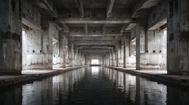 drydock. Vast empty concrete drydock with reflections on the ground. safety posters, maintenance manuals, designed for precision metalworking and fabrication facilities, improves efficiency.