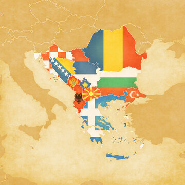Ocher map of Balkans - All countries