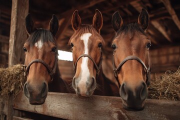 Fototapeta premium Friendly equine trio with happy expressions in a warm barn setting