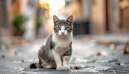 Obraz premium Cat sits centered, gaze fixed, on cobblestone path; blurred city background