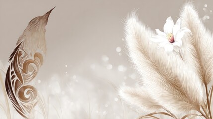 Obraz premium Elegant white flower and pampas grass with maori design element