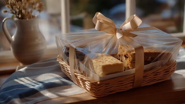 A gift basket wrapped in clear cellophane and tied with a satin ribbon, filled with gourmet treats and seasonal items &mdash; premium gifting, holiday celebration, and elegant presentation. cinematic