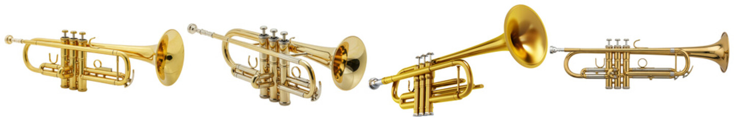 a shining collection of golden brass trumpets and cornets, isolated against a dark background, ready for musical performances. © IndustryPNG