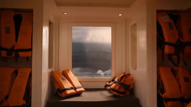 A lifeboat storage room inside a cruise ship, neatly arranged life vests and emergency supplies lining the walls as crew members brief passengers &mdash; passenger safety briefing, cruise preparedness,