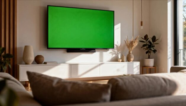 modern living room interior with wall mounted television blank green screen perfect for mockup