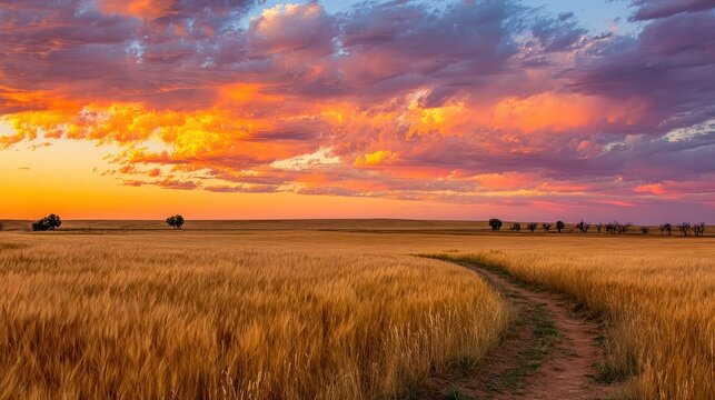 A serene landscape featuring golden wheat fields under a vibrant sunset, with colorful clouds illuminating the horizon.