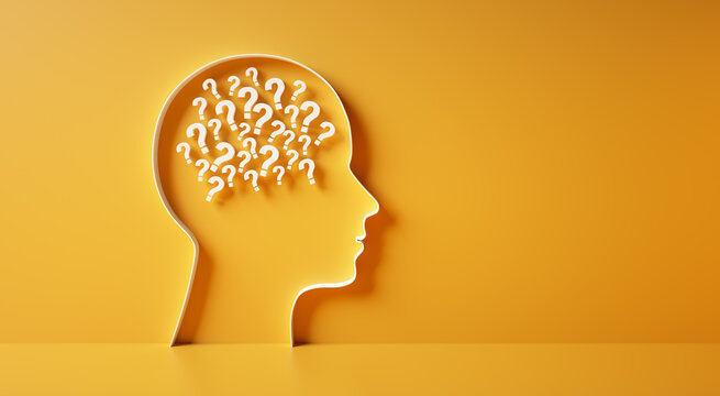 Conceptual artwork showing a 3D silhouette of a head with heap of question marks against yellow wall