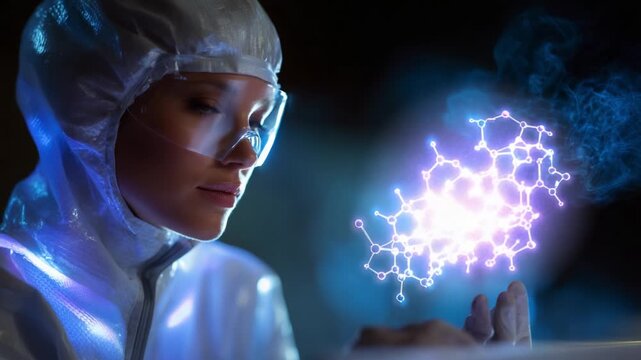 A focused scientist in a futuristic lab, dressed in a protective suit, demonstrates the interaction with vibrant molecular structures, showcasing advanced technology and the pursuit of scientific