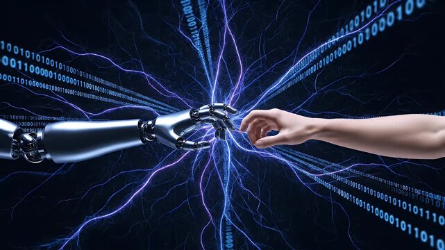 Human and Robot Hand Connection with Glowing Energy Beam Over Binary Code Background Animation for Technology or