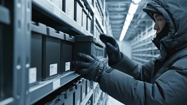 Person In Heavy Winter Gear Placing Box On Shelf In Cold Storage Seed Vault Archive