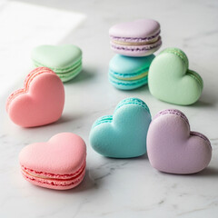 Obraz premium Heart-Shaped Macarons: Delicate heart-shaped macarons in various pastel hues offer a sweet and romantic treat for indulgence.