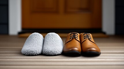 Future of Work: Hybrid Life, Digital Soul, work life balance, Contrasting Shoes at Door - Formal Shoe Next to Fuzzy Slipper with Copy Space for Text