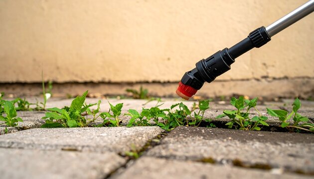 Close-up of weed killer spray nozzle targeting weeds growing through paving stones.
