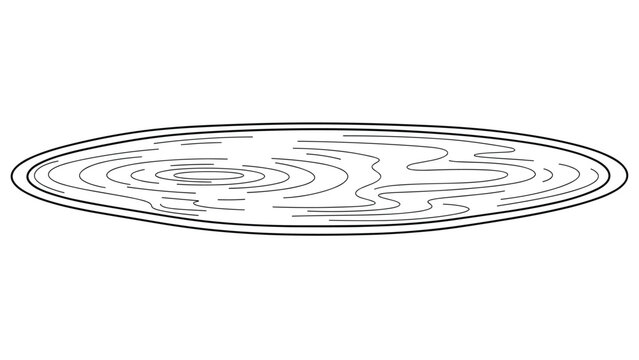 Simple black and white outline drawing of a tranquil puddle or pool of water, featuring subtle ripple patterns on its surface.