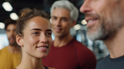 Obraz premium Group of three people in a gym. the focus is on a young woman in the foreground, who is smiling and looking at the camera.