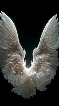 Large, luminous white wings spread wide against a stark black background, detailed feather texture
