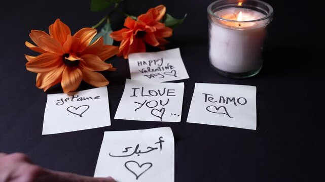Flat lay of handwritten Valentine love notes in English, French, Spanish and Arabic with hearts, warm jar candle flame and orange flowers on dark background, romantic greeting concept with copy space.