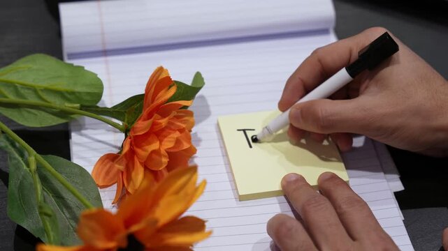 Close-up of hands writing &ldquo;Te Amo&rdquo; with heart on sticky note using marker, orange flowers and lined notebook paper on dark desk, romantic Spanish love message for Valentine, copy space background.