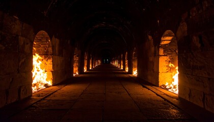 Ancient Tunnel with Fiery Arches and Dramatic Lighting.