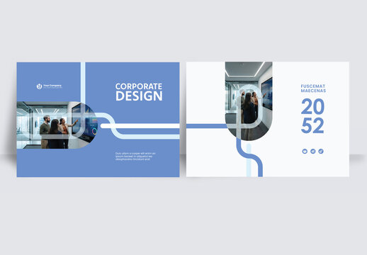 Modern business brochure layout &ndash;  Geometric Book Cover Landscape Layout Blue and White
