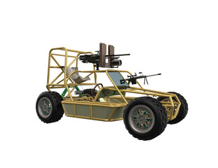 Heavily Armed Tactical Combat Dune Buggy 3D Render: Weaponized Military All-Terrain Vehicle Concept. Extreme Dual Roof Machine Guns and Front Armament, Isolated White Background Asset for FPS Gaming a