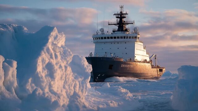 A massive icebreaker ship carving a path through thick Arctic sea ice, towering slabs crunching and tilting as crew members watch from the deck under pale northern light &mdash; polar navigation, extreme