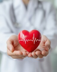 Obraz premium Doctor holding a red heart with an EKG symbol, conveying care, health, and cardiovascular well-being.