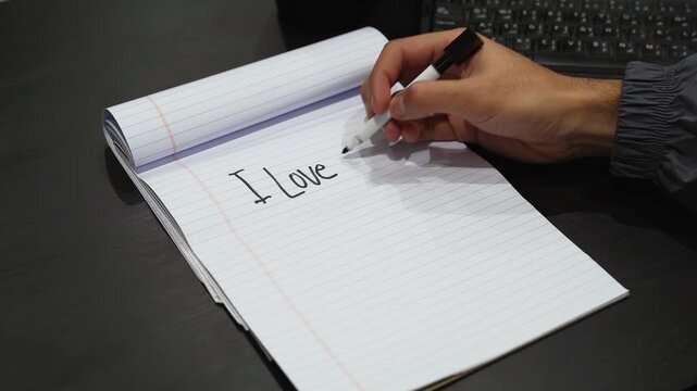 Close-up of hand writing &ldquo;I Love You&rdquo; plus &ldquo;Je t&rsquo;aime&rdquo;, &ldquo;Ich liebe dich&rdquo;, &ldquo;Te amo&rdquo; on lined notebook paper on dark office desk with keyboard, multilingual romance concept with copy space.