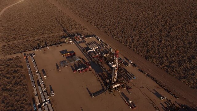 Aerial view oil operations, Vaca Muerta, Argentina, industry setting