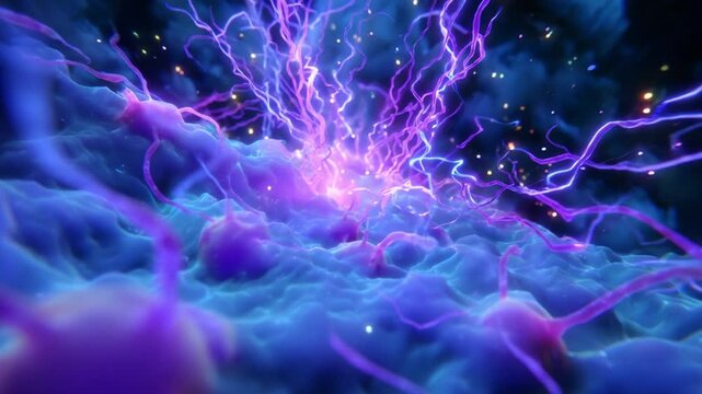 An Intricate Visual Journey through Neurons: Dynamic Electric Currents and Pulsating Activity Showcasing the Complex Interplay of Signals in Neural Networks and Synaptic Communication