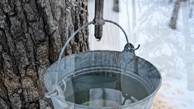 Senior farmer drilling and tapping a sugar maple tree to collect sap in a metal bucket for syrup production in a snowy winter forest