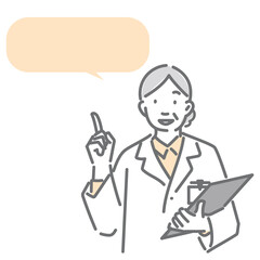 An experienced female doctor explaining with her index finger raised. A simple and stylish line drawing illustration