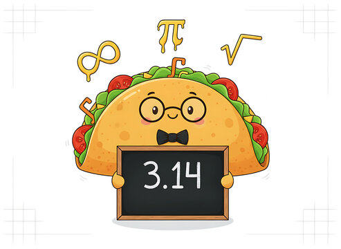 Math Taco Mascot &mdash; Anthropomorphic Taco Holding &ldquo;3.14&rdquo; Chalkboard with &pi;, &infin;, &radic; Symbols
