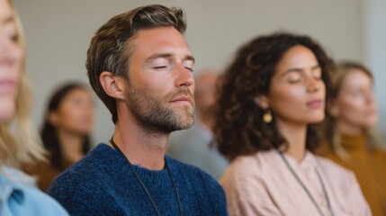 Fototapeta premium Group of people sitting in a room with their eyes closed, attentively listening to a speaker. the focus of the image is on a man in the center who is wearing a blue sweater and has a beard.