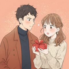 Illustration of a young couple exchanging a gift for anniversary or birthday