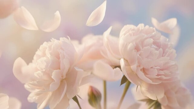 Soft pink peonies with delicate petals falling in dreamy pastel floral background
