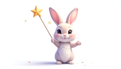 Obraz premium Animated bunny with a star wand, on a white backdrop, soft lighting
