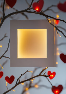 Glowing wall light square lamp modern lighting warm illumination romantic decor heart ornament fairy light love theme valentine background branch decoration