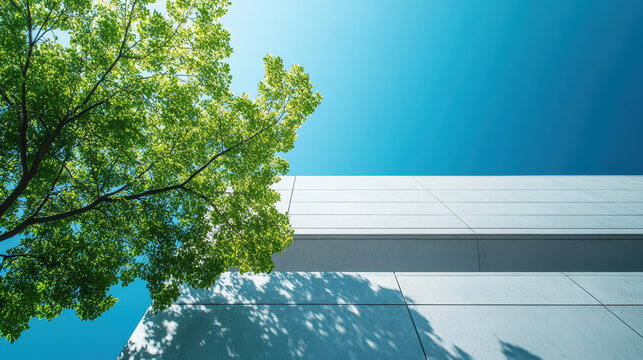 Fresh green tree modern architecture blue sky minimal design summer day clean line urban nature contemporary building sunny light eco concept Calm summer day with fresh green tree, modern