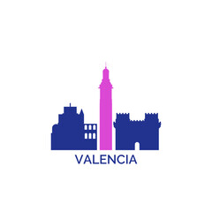 Obraz premium Valencia cityscape, skyline, panoramic vector logo, icon, clipart. Spain city emblem contour with landmarks and buildings silhouettes