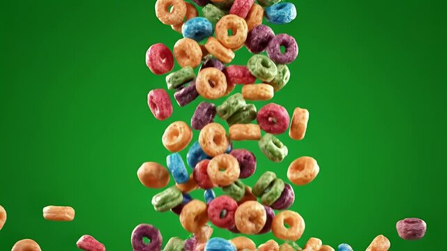 Colorful cereal rings falling against a green background.