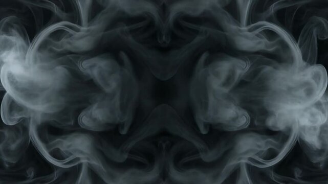 Abstract symmetrical smoke patterns on black background with swirling white mist and vapor design