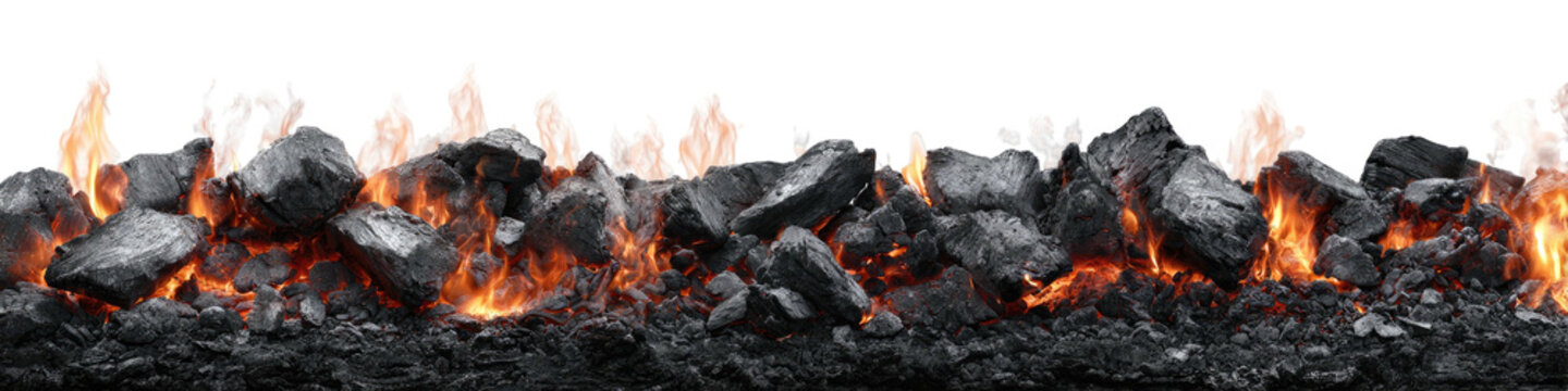 A horizontal arrangement showing burning charcoal with flames and glowing embers against a black background