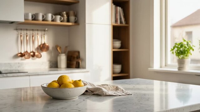 Bright modern kitchen with marble countertop bowl of lemons copper utensils and natural light